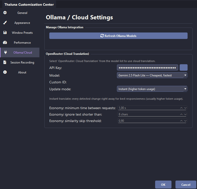 Thaluna Ollama and OpenRouter settings