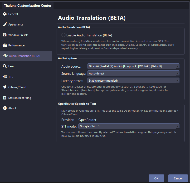 Audio Translation settings menu in Thaluna