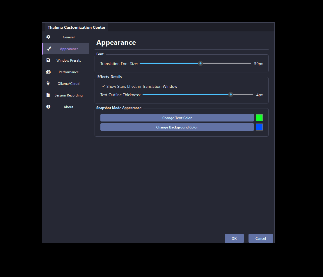 Appearance settings in Thaluna