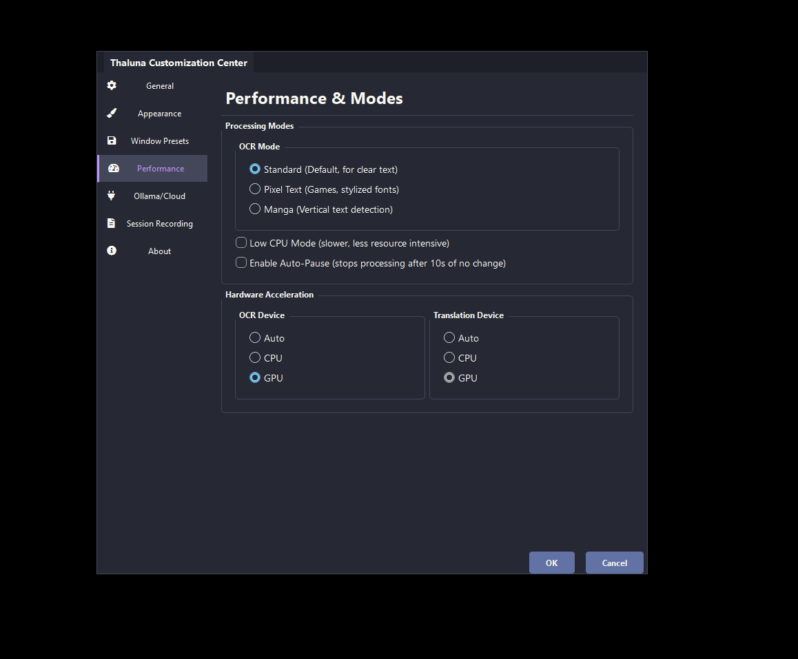 Performance settings in Thaluna