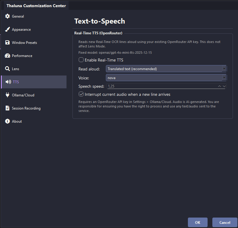 Real-Time TTS settings in Thaluna
