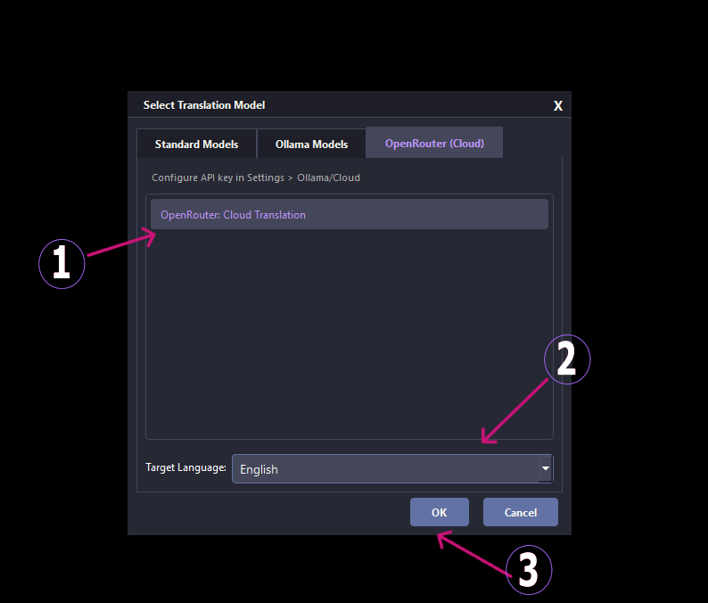 Selecting a translation model and target language in Thaluna