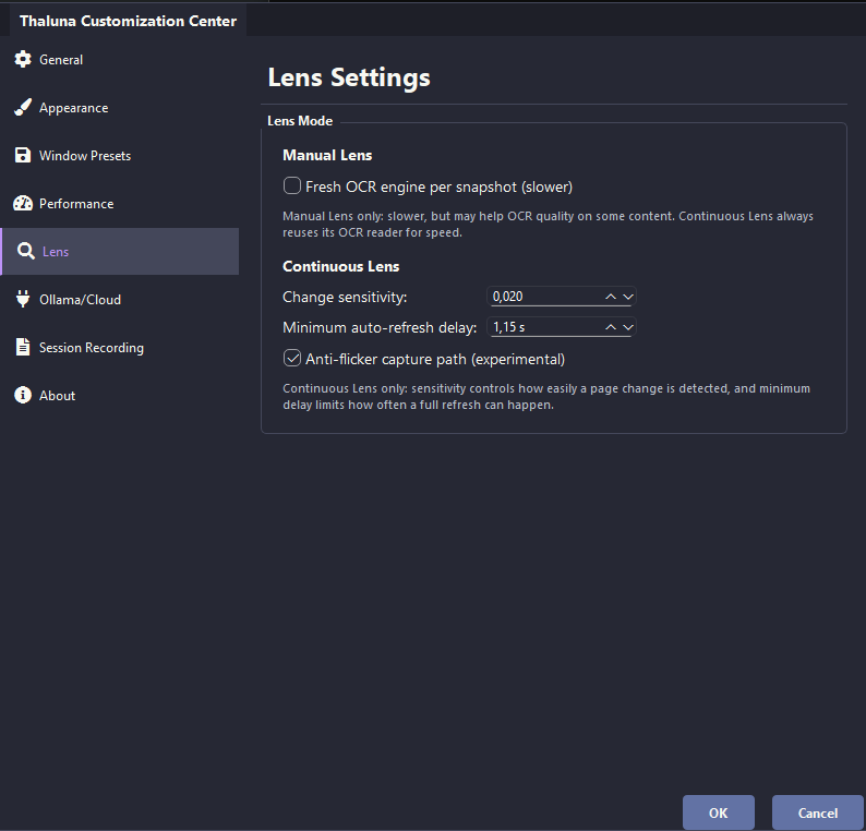 Continuous Lens settings in Thaluna