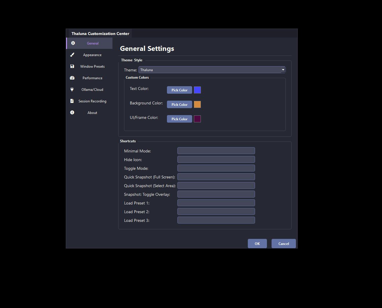 General settings and shortcuts in Thaluna