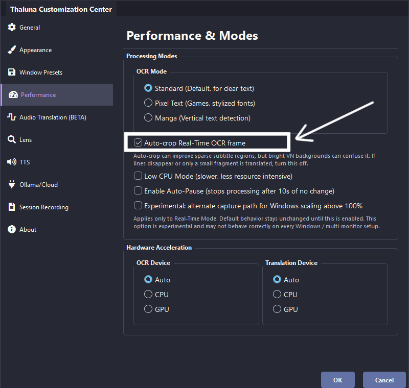 Real-time OCR auto-crop setting in Thaluna