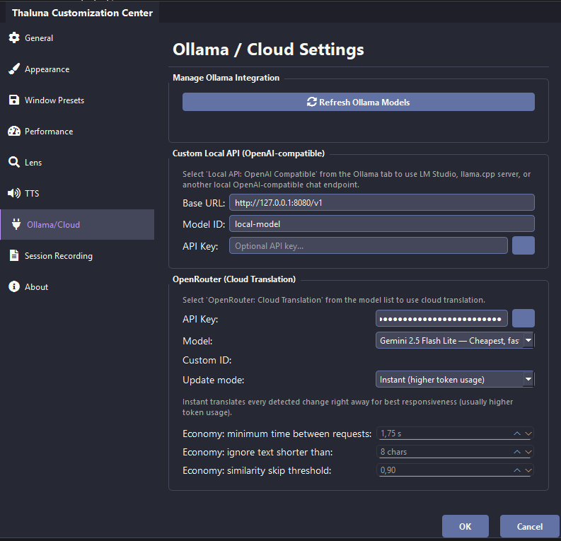 Custom Local API settings in Thaluna Ollama and Cloud settings