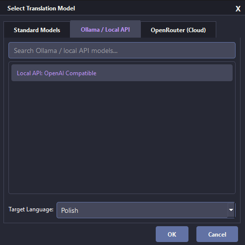 Local API option in the Thaluna translation model selector