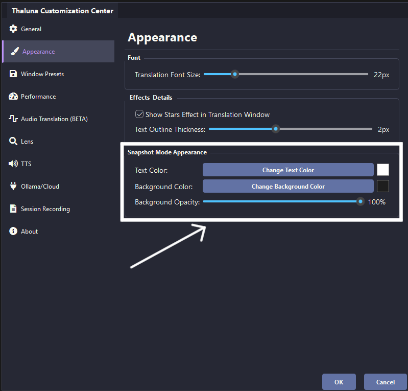 Snapshot background opacity slider in Thaluna Lens settings