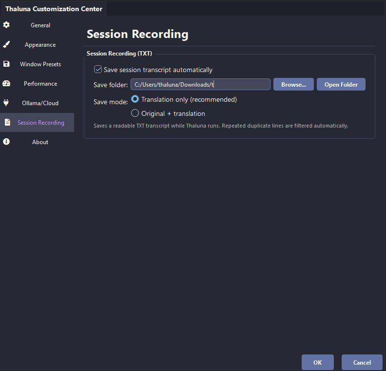 Thaluna session transcript settings