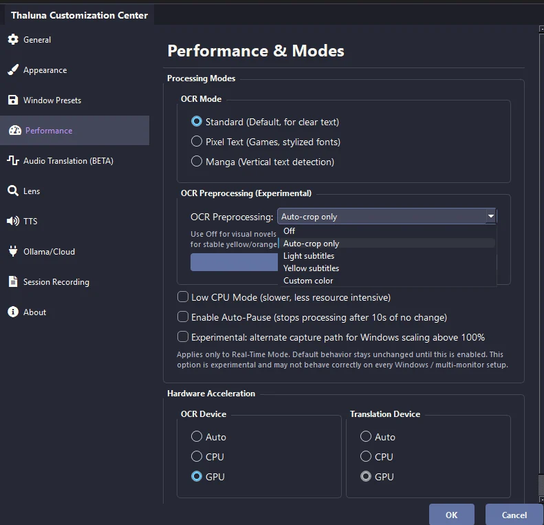 OCR preprocessing presets for yellow text, light text, and crop modes