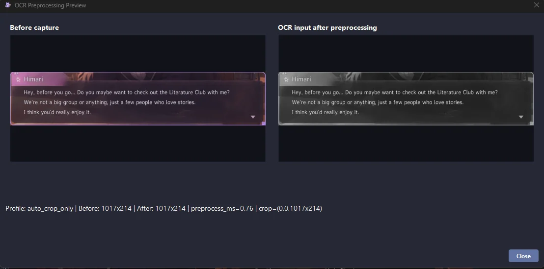 OCR preview current capture before and after preprocessing