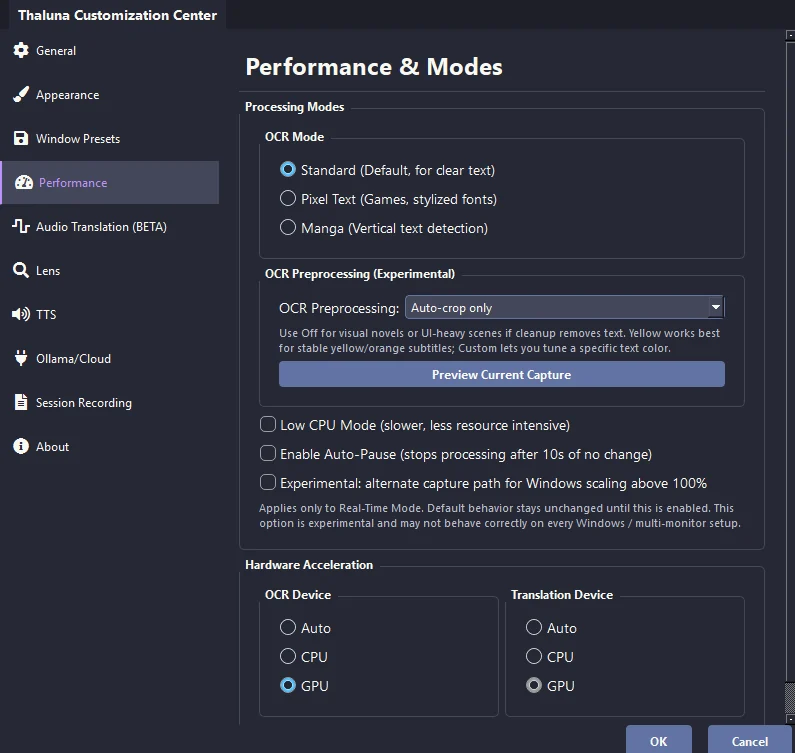 OCR preprocessing menu in Thaluna performance settings