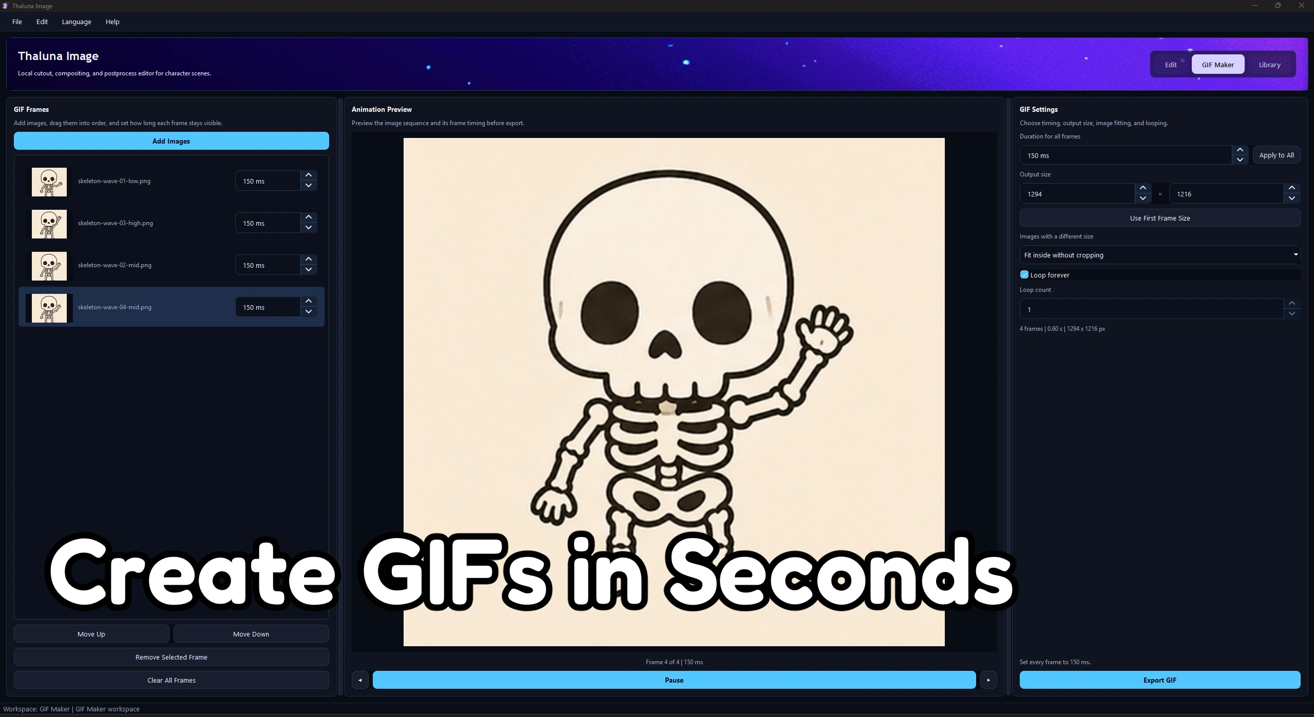 Thaluna Image GIF Maker with frame list, animation preview, and export settings